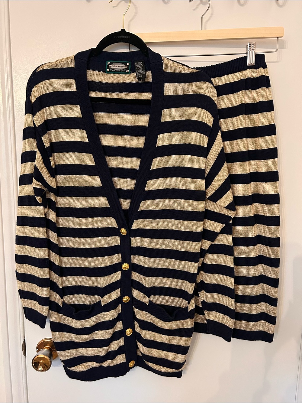 2-piece set - Striped Knit Cardigan & Skirt Set - Navy & Gold